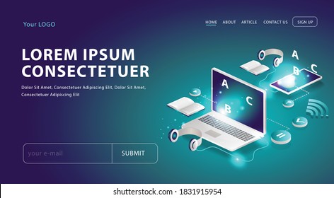flat isometric vector illustration, studying on a laptop and online courses