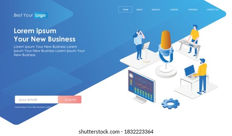 flat isometric vector illustration, a vocal space with a large speaker or microphone