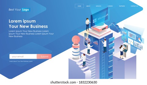 flat isometric vector illustration, web developer and seo optimization