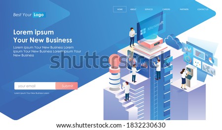 flat isometric vector illustration, web developer and seo optimization