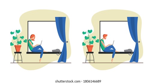 Flat isometric vector illustration. Woman and man character at the window looking to the computer screen. Working from home concept.