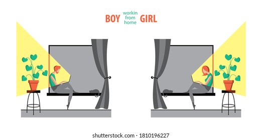 Flat isometric vector illustration. Woman and man character at the window illuminated by the computer screen. Working from home concept.
