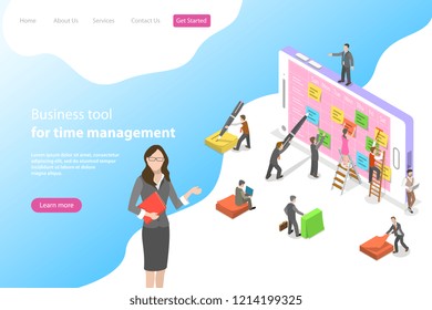 Flat isometric vector landing page template for time management tool, business planning, schedule, meeting appointment, agenda.