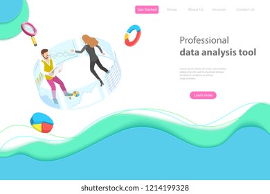 Flat isometric vector landing page template for data analysis, web analytics, SEO audit report, marketing strategy.