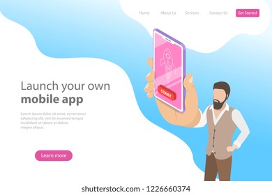 Flat isometric vector landing page template for mobile app launch, startup idea, mobile development.