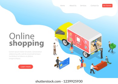 Flat isometric vector landing page template of easy shopping, e-commerce, online store, mobile payment, fast delivery.