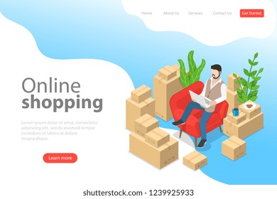 Flat isometric vector landing page template of easy shopping, e-commerce, online store, mobile payment, fast delivery.