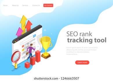 Flat isometric vector landing page template of seo rank tracking tool, web analytics, website optimization marketing.