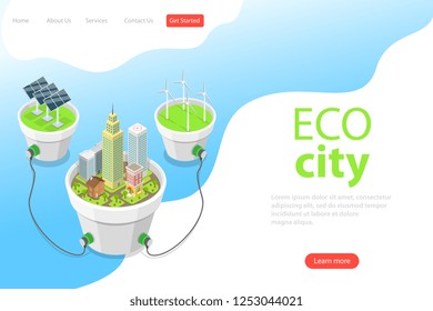 Flat Isometric Vector Landing Page Template Of Eco City, Solar Panels, Windmills, Alternative Green Energy, Wind Turbines.