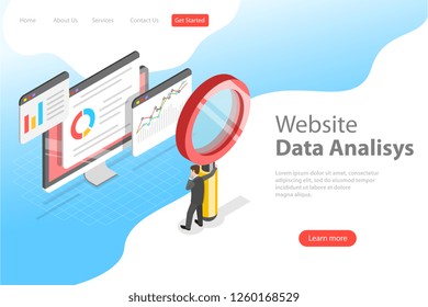 Flat Isometric Vector Landing Page Template Of Website Data Analysis, Web Analytics, SEO Audit Report, Marketing Strategy.