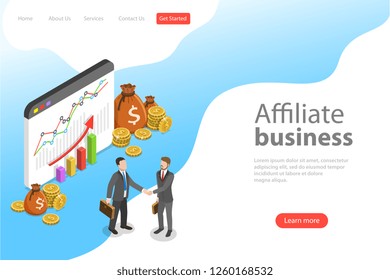 Flat isometric vector landing page template of affiliate marketing, business strategy, referral program, partnership.