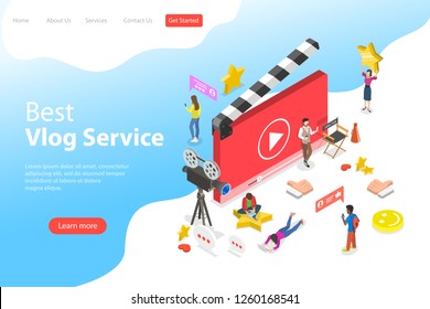 Flat isometric vector landing page template of video blog, vlog, online channel, creating video content.