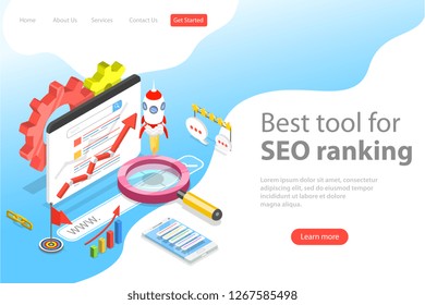 Flat isometric vector landing page template of seo ranking tool, web analytics, website optimization marketing.