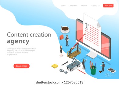 Flat Isometric Vector Landing Page Template Of Content Creating, Copywriting, Creative Writing, Content Marketing.