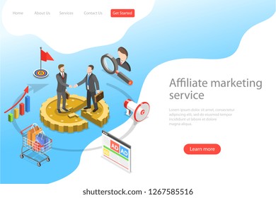 Flat isometric vector landing page template of affiliate marketing, business strategy, referral program, partnership.