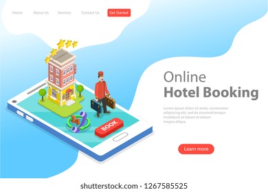 Flat Isometric Vector Landing Page Template Of Booking Hotel Online, Apartment Search And Reservation.