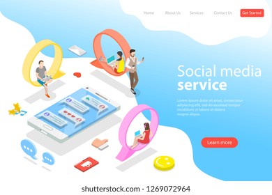 Flat isometric vector landing page template of social media, instant messenger, networking, chatting, virtual communication.