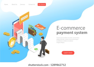 Flat Isometric Vector Landing Page Template Of E-commerce Payment System, Money Transfer, Mobile Wallet.