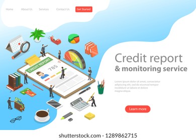 Flat isometric vector landing page template of personal credit score information, financial rating.