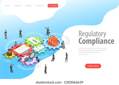 Flat isometric vector landing page template of regulatory compliance, policies and regulations.