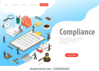 Flat isometric vector landing page template of regulatory compliance. Business people are discussing steps to comply with relevant laws, policies, and regulations.