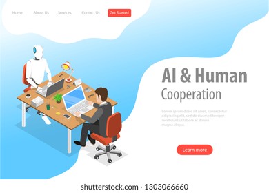 Planta de página de aterrizaje de vector isométrico plano de la cooperación robot y humana, futuro de IA, inteligencia artificial, automatización de negocios.