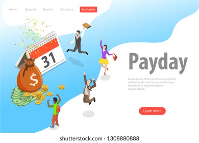 Flat Isometric Vector Landing Page Template Of Salary, Payout, Bonus, Income, Annual Payment Day.