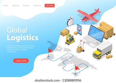 Flat isometric vector landing page template of global logistics, worldwide freight shipping, fast delivery.