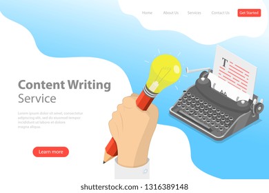 Flat isometric vector landing page template of creative writing, copywriting, content creating.