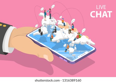 Flat isometric vector landing page template of live chat, social media network, digital communication, chatting.