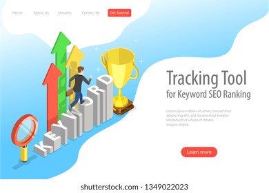 Flat Isometric Vector Landing Page Template Of Tracking Tool For Keyword SEO Ranking, Web Analytics, Website Optimization Marketing.