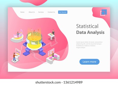 Flat isometric vector landing page template of statictical data analysis and analytics, audit report, company performance analysis.