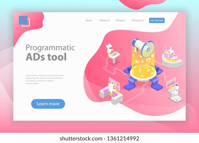 Flat isometric vector landing page template of programmatic advertising, social media campaign, automated digital marketing.