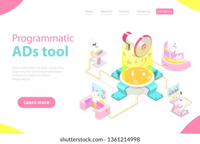 Flat isometric vector landing page template of programmatic advertising, social media campaign, automated digital marketing.