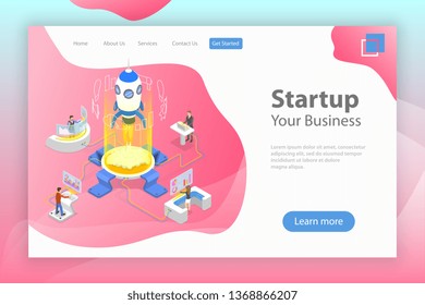 Flat isometric vector landing page template of new business startup, project launch.