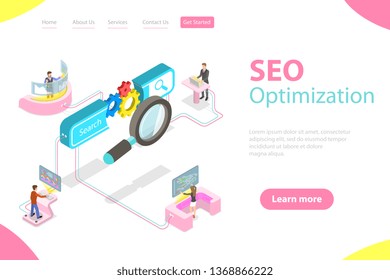 Flat isometric vector landing page template of search engine ranking, web analytics, SEO, website optimization marketing.