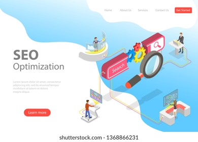 Flat isometric vector landing page template of search engine ranking, web analytics, SEO, website optimization marketing.