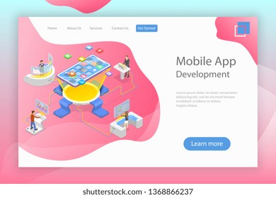 Flat isometric vector landing page template of mobile app development, programming, coding, software.