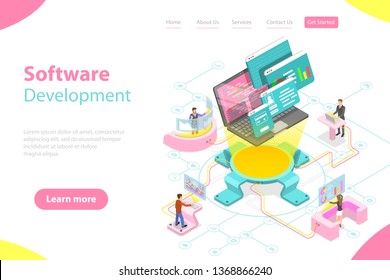 Flat Isometric Vector Landing Page Template Of Software Development, Teamwork, Brainstorm, Coding.