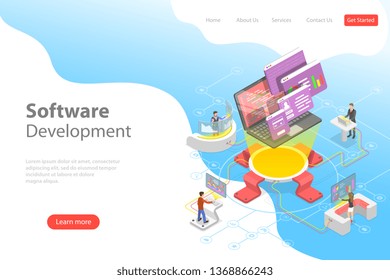 Flat isometric vector landing page template of software development, teamwork, brainstorm, coding