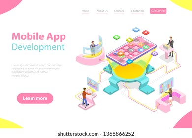Flat isometric vector landing page template of mobile app development, programming, coding, software.