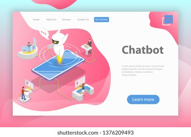 Flat isometric vector landing page template of chatbot, ai, artificial intelligence, customer support, markting strategy.