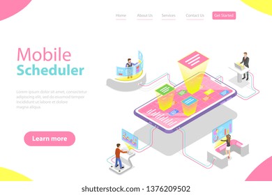 Flat isometric vector landing page template of mobile scheduler, business planning, schedule, meeting appointment, agenda
