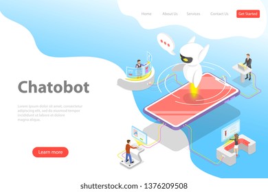 Flat isometric vector landing page template of chatbot, ai, artificial intelligence, customer support, markting strategy.