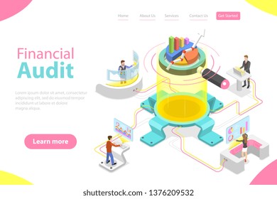 Flat isometric vector landing page template of financial audit service, tax examination report, planning and accounting.