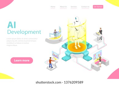 Flat isometric vector landing page template of AI development, robot and human cooperation, artificial intelligence, rpa, iot.