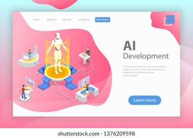 Flat isometric vector landing page template of AI development, robot and human cooperation, artificial intelligence, rpa, iot.