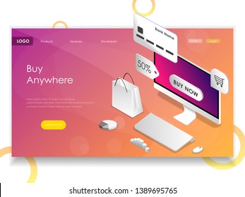 Flat isometric vector landing page template of easy shopping, e-commerce, online store, mobile payment, fast delivery.