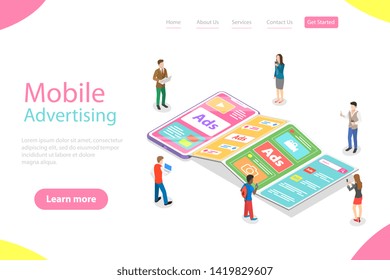 Flat isometric vector landing page template of mobile advertising, social media sponsored ads, digital marketing campaign.