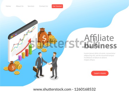 Flat isometric vector landing page template of affiliate marketing, business strategy, referral program, partnership.